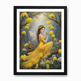 Fairy In Yellow Dress with Australia Yellow Wattle Flowers Art Print