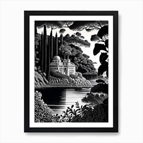 Isola Bella, Italy Linocut Black And White Vintage Art Print