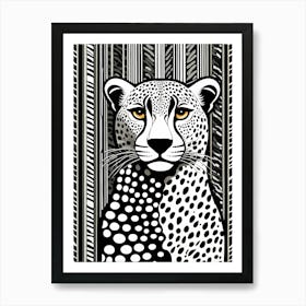 Cheetah Lino cut Black And White Lines, animal art, 157 Art Print