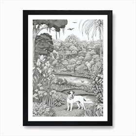 Drawing Of A Dog In Royal Botanic Gardens, Kandy Sri Lanka In The Style Of Black And White Colouring Pages Line Art 01 Art Print