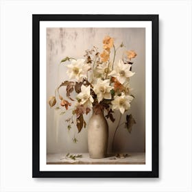 Columbine, Autumn Fall Flowers Sitting In A White Vase, Farmhouse Style 3 Art Print