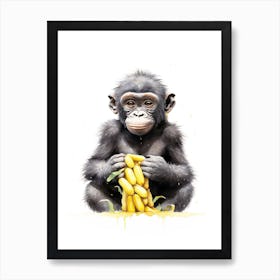 Baby Gorilla Art With Bananas Watercolour Nursery 1 Art Print