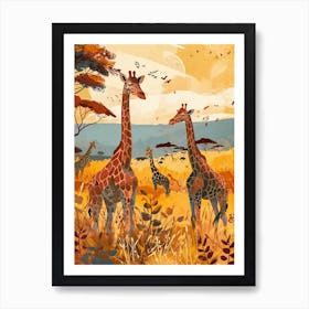 Giraffes In The Sunset Colourful Illustration 1 Art Print