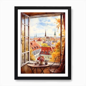 Window View Of Tallinn Estonia In Autumn Fall, Watercolour 2 Art Print