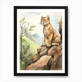 Storybook Animal Watercolour Mountain Lion 3 Art Print