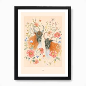 Folksy Floral Animal Drawing Yak 3 Poster Art Print