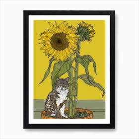 Drawing Of A Still Life Of Sunflower With A Cat 4 Art Print