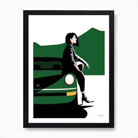 Woman sitting on a Classic Porsche 911 - forest green - vintage retro Art Print