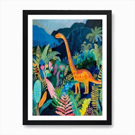 Colourful Dinosaur In The Jungle Leaves Painting 1 Art Print