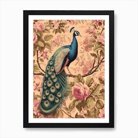 Vintage Sepia Peacock In A Floral Tree Wallpaper Inspired 4 Art Print