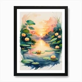 Watercolor Lotus Lily Painting Art Print