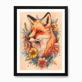 Amazing Red Fox With Flowers 24 Art Print