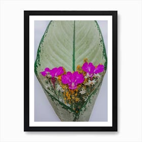 Object Green Leaf With Pink Flowers Photoline, Man made not Ai Art Print