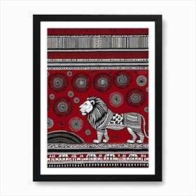 African Quilting Inspired Art of Lion Folk Art, Poetic Red, Black and white Art, 1217 Art Print