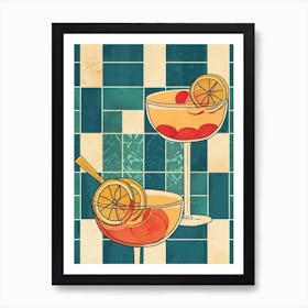 Cocktails On A Blue Tiled Background Art Print
