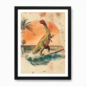 Vintage Camarasaurus Dinosaur On A Surf Board 1 Art Print
