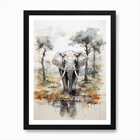 Elephant, Japanese Brush Painting, Ukiyo E, Minimal 3 Art Print