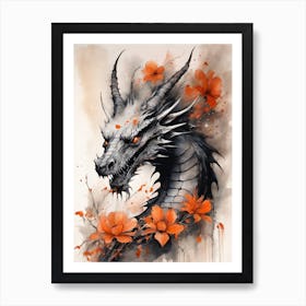Japanese Dragon Abstract Flowers Painting (18) Art Print