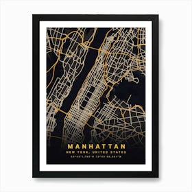 Manhattan New York USA Black And Gold Map Art Print