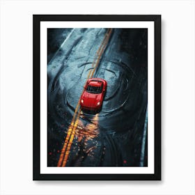 Red Car In The Rain Art Print