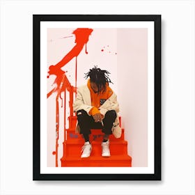 Black Man Wearing Orange Hoody Sitting on Orange Painted Stairs Art Print