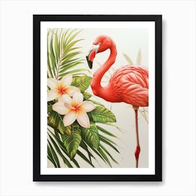 American Flamingo And Tiare Flower Minimalist Illustration 2 Art Print