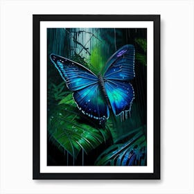 Morpho Butterfly In Rain Forest Graffiti Illustration 1 Art Print