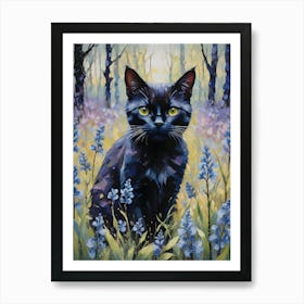 Black Cat Amongst Bluebells - Oil and Palette Knife Painting of A Beautiful Black Cat Sitting Among the April and May Day Flowers - Kitty, Cat Lady, Pagan, Feature Wall, Witch, Fairytale Tarot Bastet Beltane Colorful Painting in HD Art Print