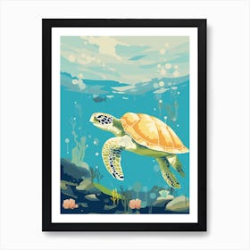 Block Colour Turtle Swimming Aqua 2 Art Print