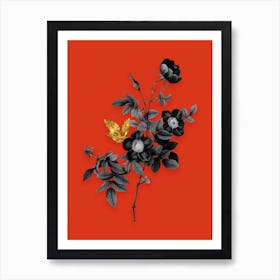 Vintage Alpine Rose Black and White Gold Leaf Floral Art on Tomato Red n.0048 Art Print