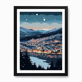 Winter Travel Night Illustration Bergen Norway 3 Art Print
