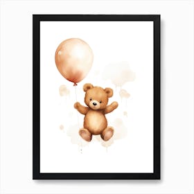 Baby Bear Flying With Ballons, Watercolour Nursery Art 4 Art Print