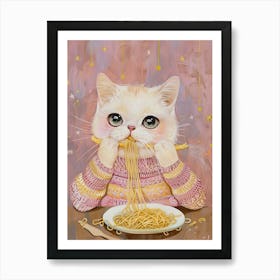 White And Tan Cat Pasta Lover Folk Illustration 2 Art Print