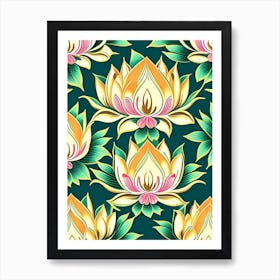 Lotus Flower Repeat Pattern Retro Illustration 2 Art Print