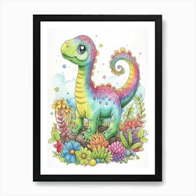 Cartoon Rainbow Iguanodon Dinosaur Art Print