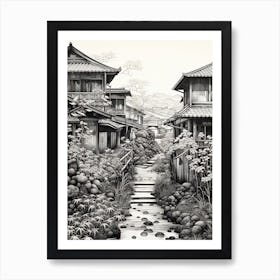 Yufuin In Oita, Ukiyo E Black And White Line Art Drawing 3 Art Print