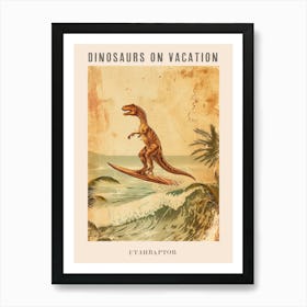 Vintage Utahraptor Dinosaur On A Surf Board 2 Poster Art Print