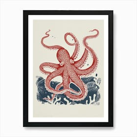 Red & Blue Simple Linocut Style Octopus 4 Art Print