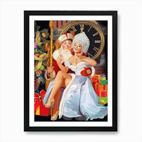 Pinup Sexy Girl And A Lucky Boy In Santa Claus Costume Posing Together Art Print