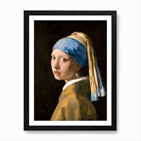 "Girl with a Pearl Earring" by Johannes Vermeer (Dutch Golden-Age Artist), painted around 1665. Often called the "Mona Lisa of the North," this painting has a way of pulling you in with its quiet mystery. It’s not a traditional portrait but a "tronie" —a study of a character — featuring a young woman dressed in an exotic turban and wearing an oversized pearl earring. Her gaze feels alive, her slightly parted lips as if she’s about to speak. Vermeer’s incredible use of light and shadow makes her almost step out of the dark background, while the pearl itself shimmers with lifelike detail. This piece has fascinated viewers for centuries, even inspiring a film that imagines the story behind it. Today, the masterpiece resides in the Mauritshuis museum in The Hague, Netherlands, where it continues to captivate audiences from around the world. Art Print