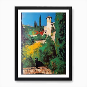 A Painting Of A Cat In Gardens Of Alhambra, Spain In The Style Of Pop Art 02 Art Print