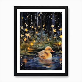 Mixed Media Duckling With Fireflies 1 Art Print
