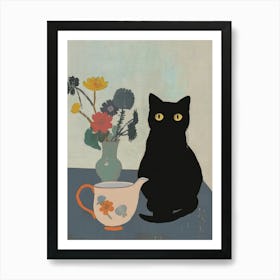 Black Cat Print Still Life With Tea Pot Emile Bernard Funny Art Print