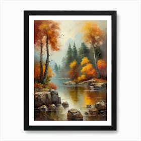 Autumn Lake,Forest Lake, Vintage Oil Painting, Farmhouse Wall Decorations, Antique Landscape, Vintage Landscape Oil Painting.20 Art Print