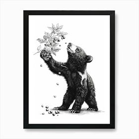 Malayan Sun Bear Standing And Reaching For Berries Ink Illustration 2 Art Print