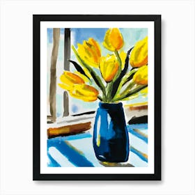 Yellow Tulips in Blue Vase Art Print