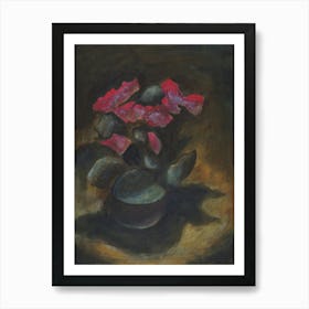 House Plant With Red Flowers - classical figurative hand painted acrtlic floral vertical dark living room bedroom Art Print