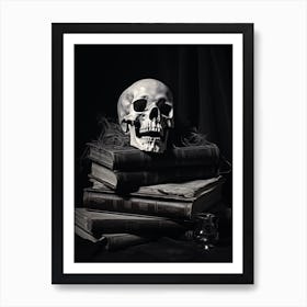 Black And White Photography Of Skull And Books Art Print