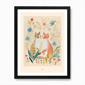 Folksy Floral Animal Drawing Cat 6 Poster Art Print