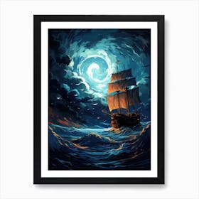 Ship In The Sea At Night Art Print